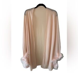 Vintage Pink Sheer Kimono Jacket Feather Boa Sleeves Boudoir Lingerie M/L